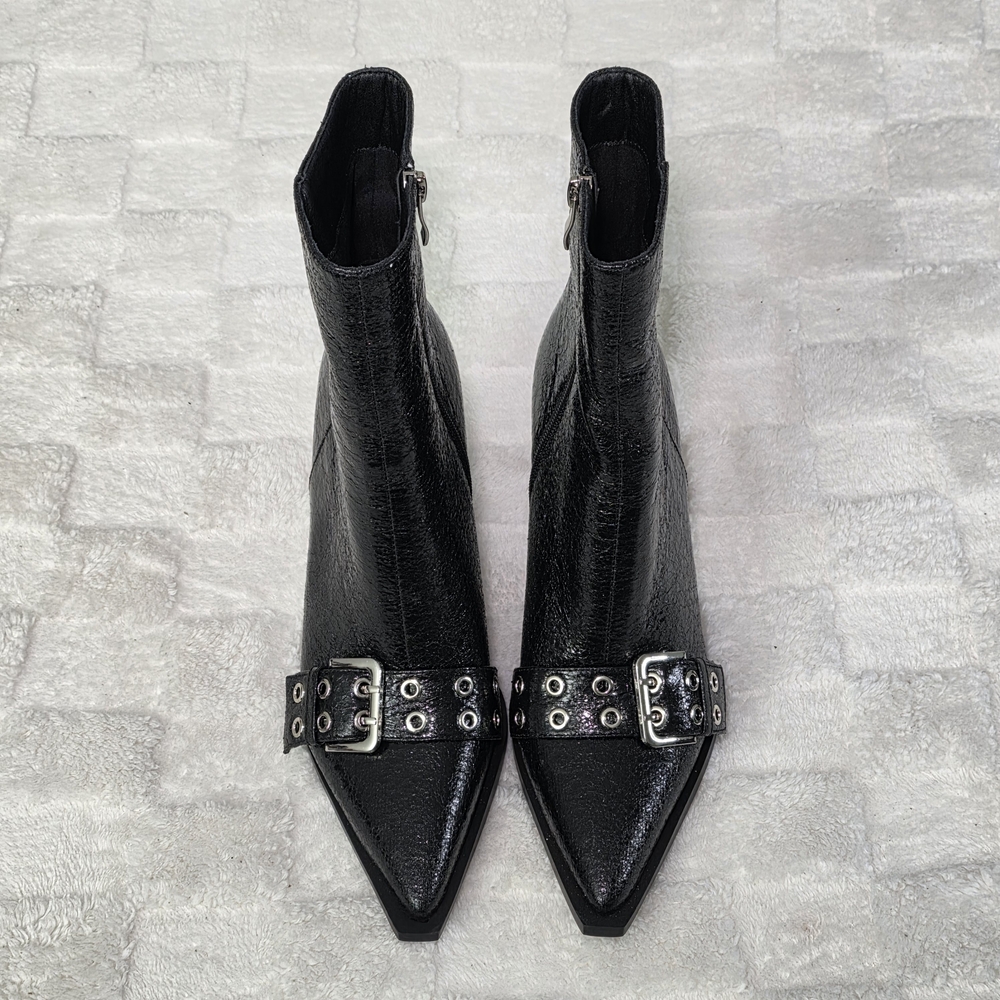 YODEKS Pointed Toe Stiletto Ankle Boot Buckle Black/Silver Hardware Size9 BNWOB